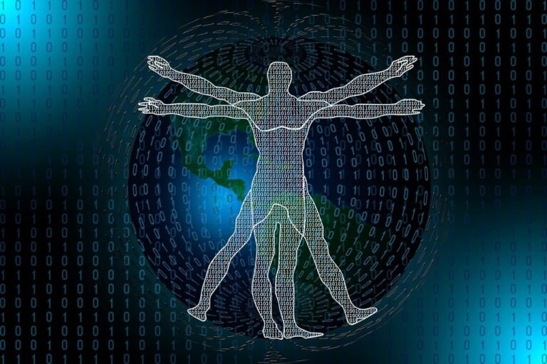digital, binary, technology, human, vitruvian, data, code, earth, globe, matrix, science, connection, information, future, artificial intelligence, man, woman, network, virtual, cyber