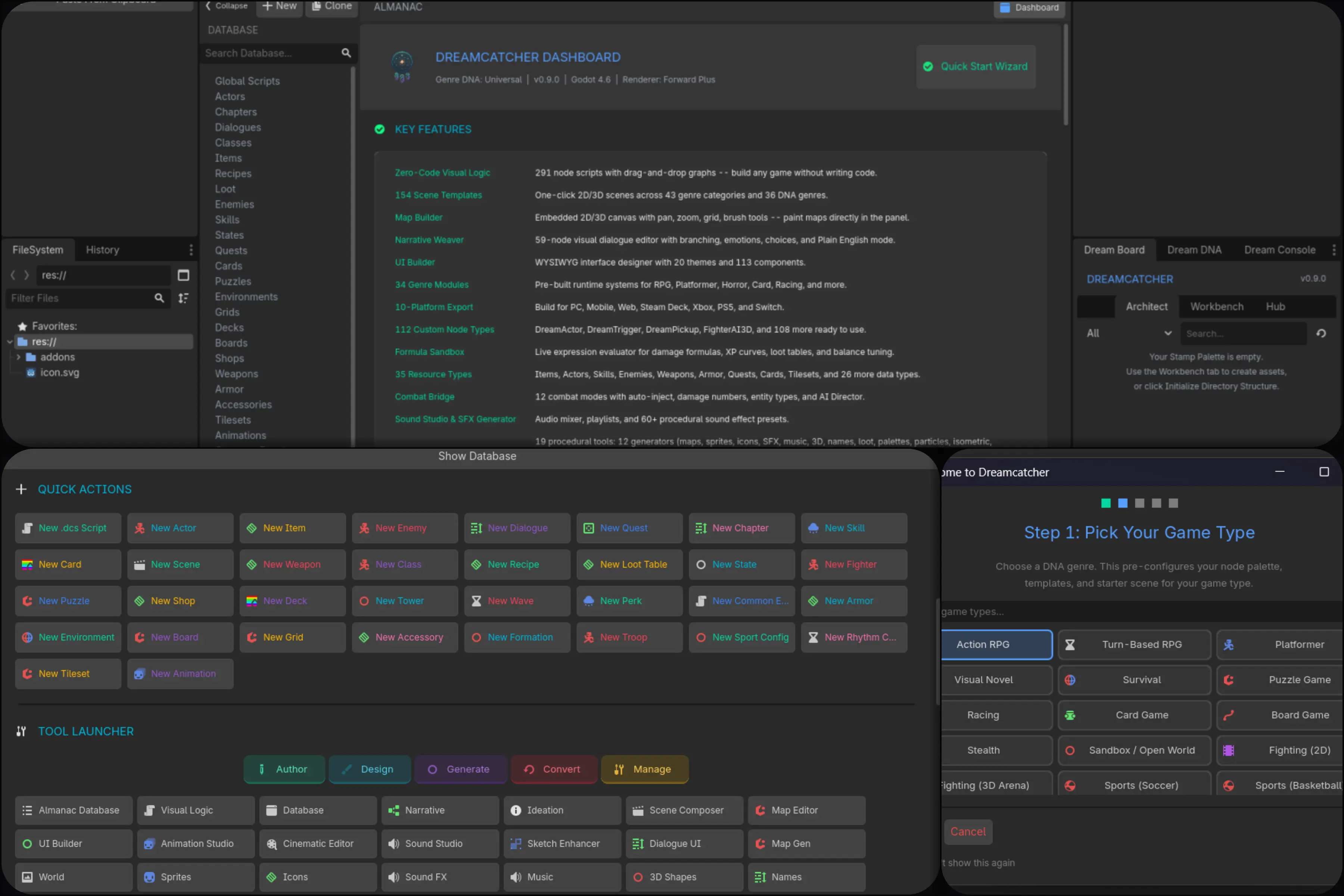 Almanac dashboard with stats, tool launcher, and quick actions